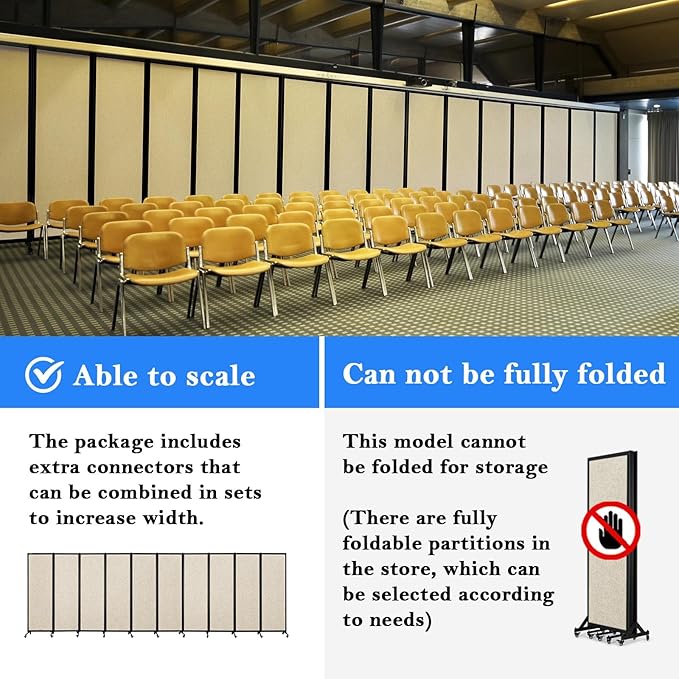 Upgrade Version Room Partition and Divider, Freestanding Rolling Dividers with Wheels,Office Privacy Screen Divider Wall,Classroom Felt Dividers,12'2"L* 6'7"H,6 Panel,Beige