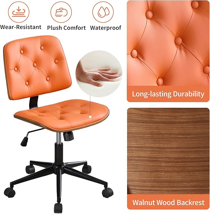 Small Armless Desk Chair – PU Leather Mid-Back Ergonomic Office Chair with Adjustable Height, Swivel Wheels, Walnut Frame, Ideal for Small Office, Study, or Bedroom, Orange