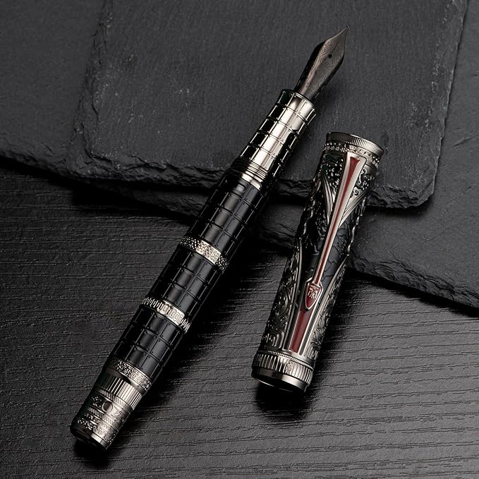 Hongdian D5X Fountain Pen Black Fine Nib, Qin Dynasty Retro Chinese Totem Engraving with Converter and Pen Box Set