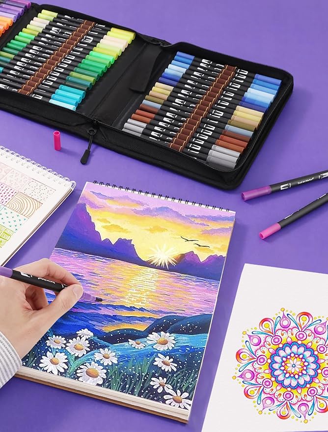Double Brush Marker Pens, 72 Colors Art Markers Set with Fine Tip and Brush Tip for Kids Adult Coloring Book Hand Lettering Calligraphy Drawing Art Supplies Kit