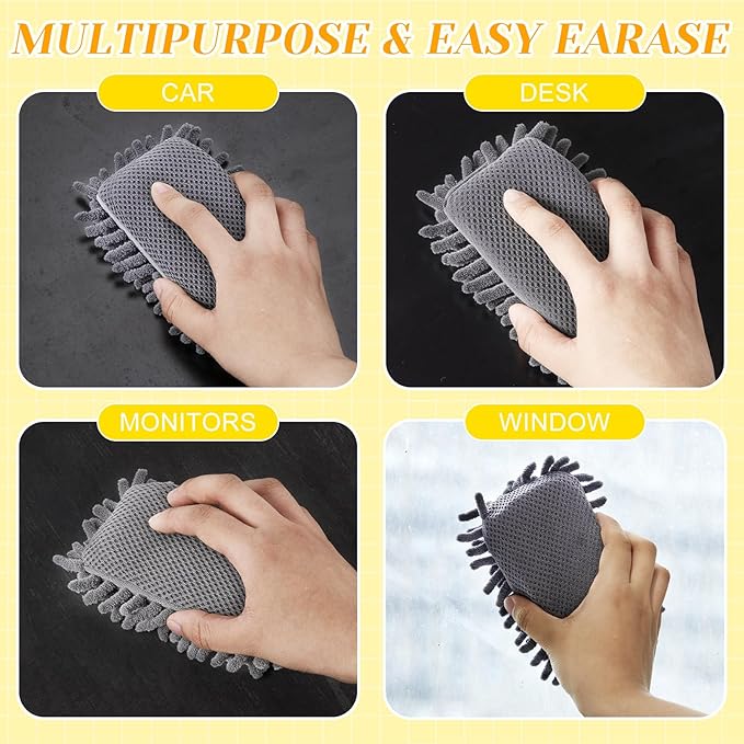 Zonon 4 Pieces Dry Erase Eraser Microfiber Shag Washable Whiteboard Eraser for Markers, Chalk, Classroom, Home and Office(Blue,Yellow,Gray)