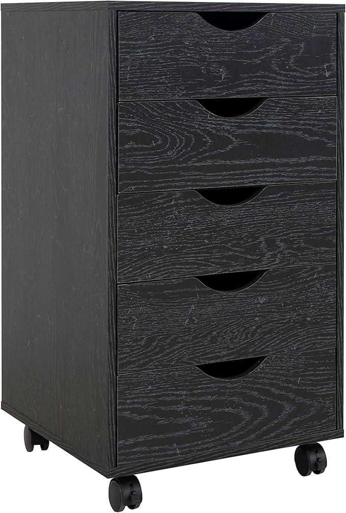 Naomi Home 5 Drawer Office Storage File Cabinet Under Desk Cabinets for Organization Filing with Wheels, Printer Stand Storage, 180 lbs Capacity, Distressed Black (11397AM)