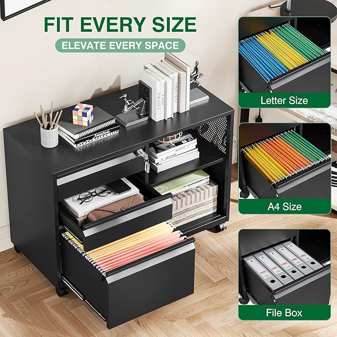 3 Drawer Metal File Cabinet with Lock,Mobile Lateral Filing Cabinet,Printer Stand Storage Cabinets with Shelves for Home Office(Black)