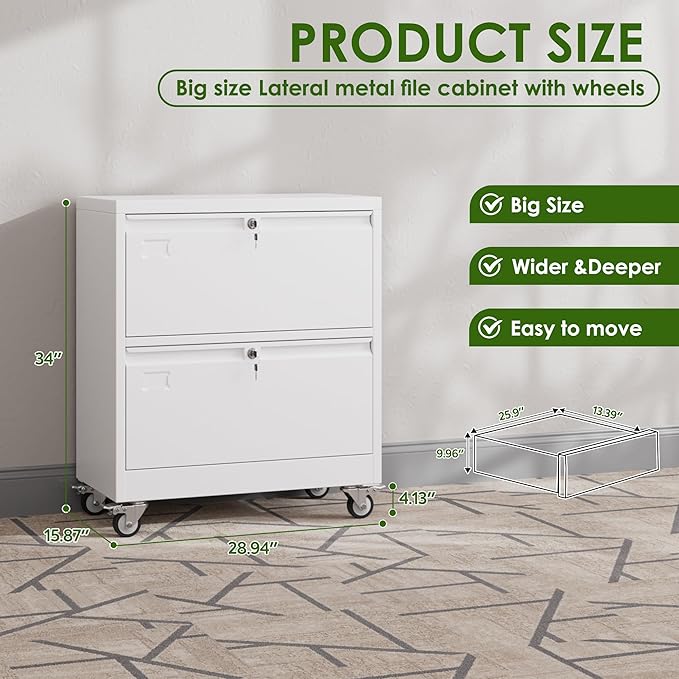 Aobabo 2 Drawer Wide File Cabinet with Wheels, Lockable Metal Filing Cabinet for Home Office, Legal/Letter Size,White,Required Assembled,15.87" D x 28.94" W x 34" H
