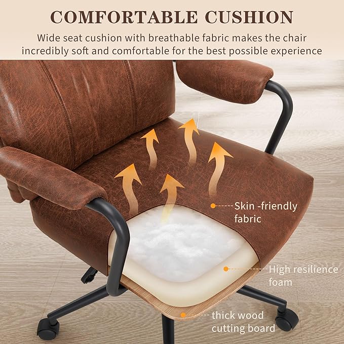 Mid Century Office Chair, Ergonomic Modern Breathable Fabric Home Desk Chair with Lumbar Support, Adjustable Height Swivel Computer Chair for Home Office (Brown)