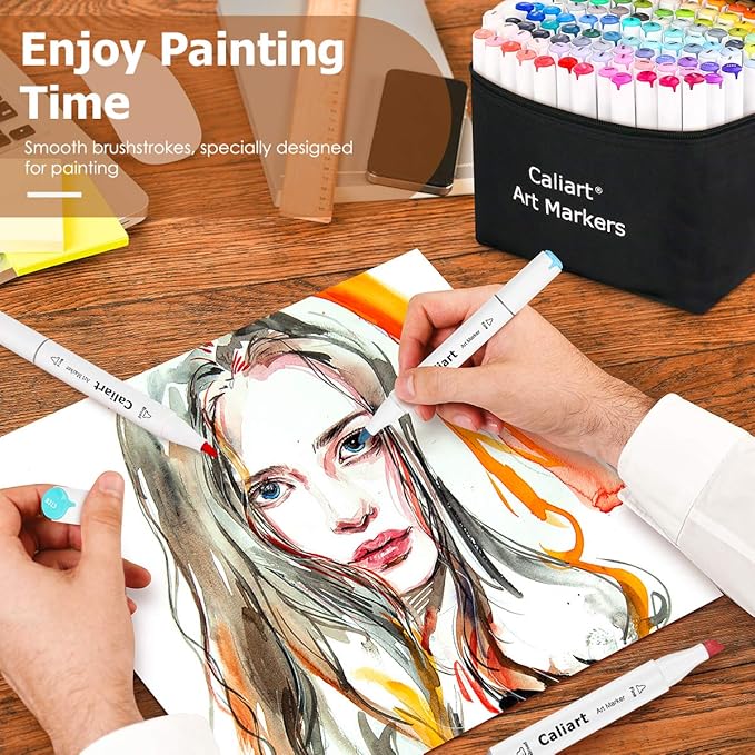 Caliart 81 Colors Alcohol Based Markers, Dual Tip Permanent Artist Art Sketch Markers for Adult Kid Coloring Book, Illustration Painting Card Making, Bonus 1 Colorless Alcohol Marker Blender