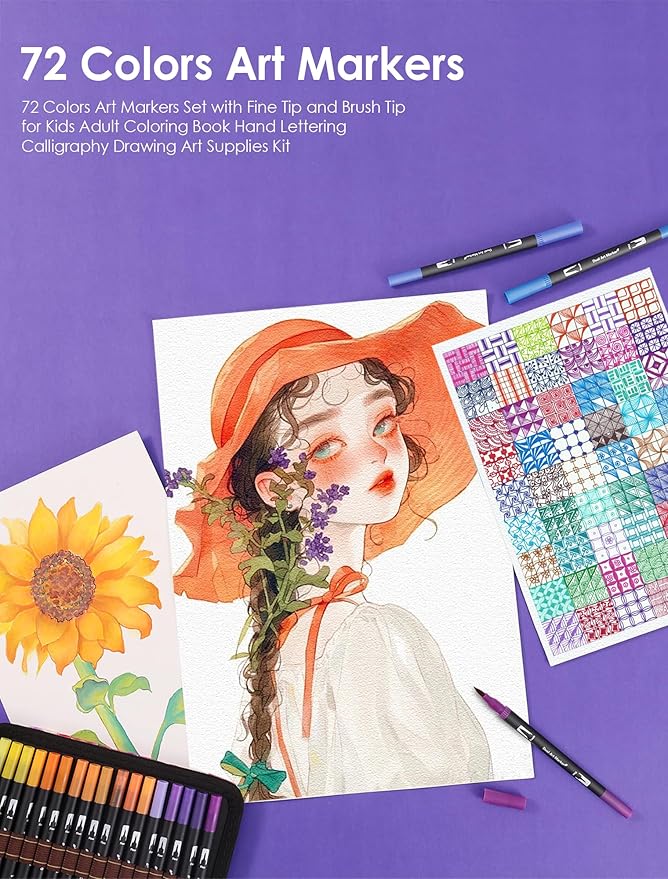 Double Brush Marker Pens, 72 Colors Art Markers Set with Fine Tip and Brush Tip for Kids Adult Coloring Book Hand Lettering Calligraphy Drawing Art Supplies Kit