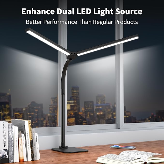 Desk Lamp Architect Task Dual Head Modern Flexible Gooseneck Tall Dimmable Light for Home Office, 5 Color Modes,Remote Control, 1500lm 24W Extra Bright Lighting