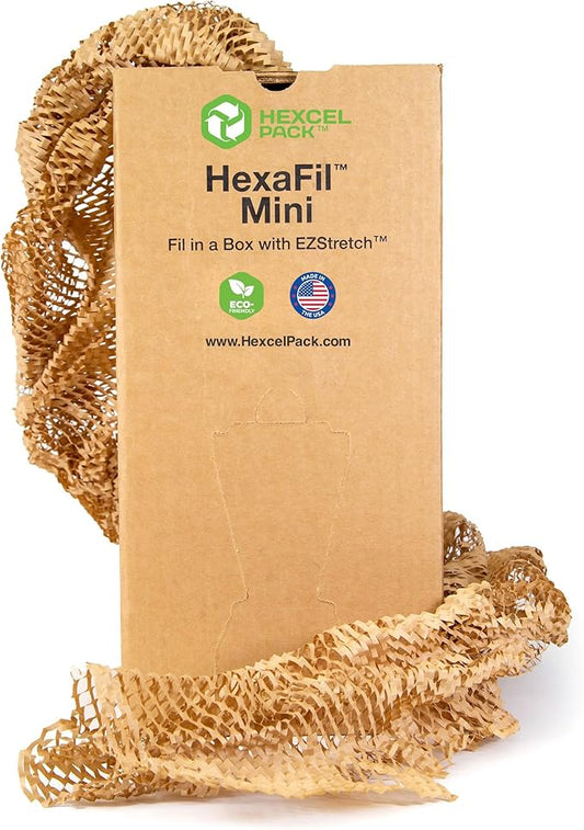 HexaFil Mini - Honeycomb Packing Paper, Eco-Friendly, Sustainable Filler for Shipping & Moving, Cushioned Packing Material in Dispenser Box, Alternative to Bubble Wrap - Natural, 12" x 850'