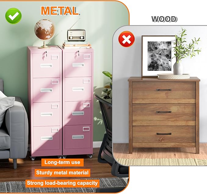 Aobabo 56" H 4 Drawer Moblie Office File Cabinet with Lock, Rolling Metal Filing Storage Cabinet, Legal/Letter A4 Size, Pink, Assembly Required