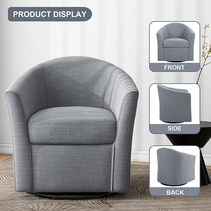 UIXE 360° Swivel Barrel Accent Chair, Modern Round Arm Chair Upholstered Club Armchair, Single Sofa Seating in Fabric for Living Room, Bedroom (Pebble Grey)