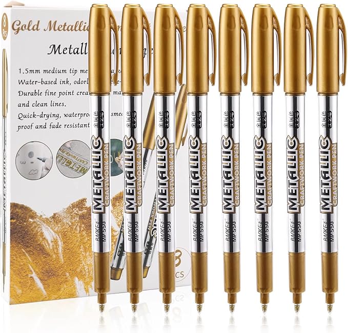 LOONENG Gold Marker Metallic, Fine Point Gold Markers Permanent Metallic for Adult Coloring, Black Paper, Scrapbook, Artist Illustration, Crafts, Gift Card Making, Fabric, DIY Photo Album, 8 Count