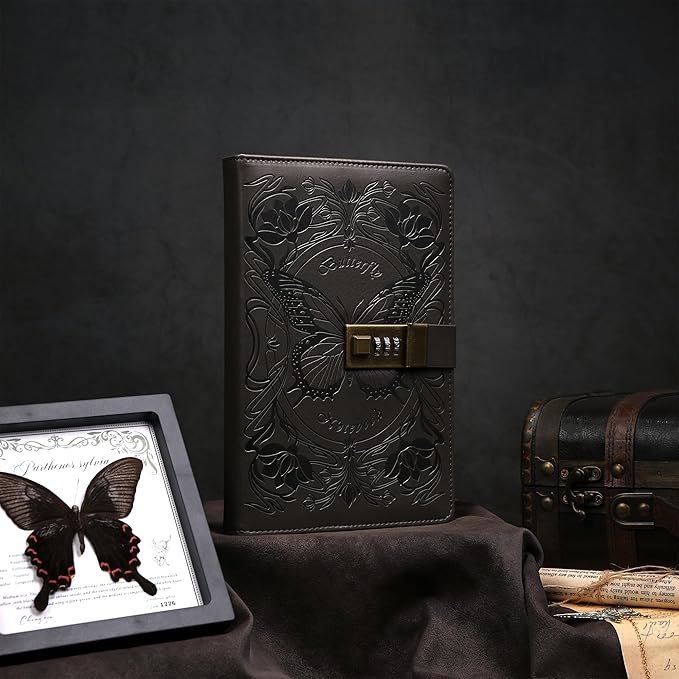 TIEFOSSI Diary with Lock for Women Girls, Lined Locked Journal, Butterfly Journal Notebook with Pen and Bookmark, A5 Refillable Locking Journals for Writing, 224 Numbered Pages