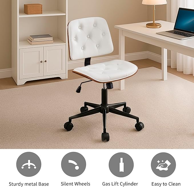 Small Home Office Chair – Adjustable Height, Armless PU Leather Mid-Back Desk Chair with Swivel Wheels, Walnut Finish, Perfect for Study or Bedroom, White
