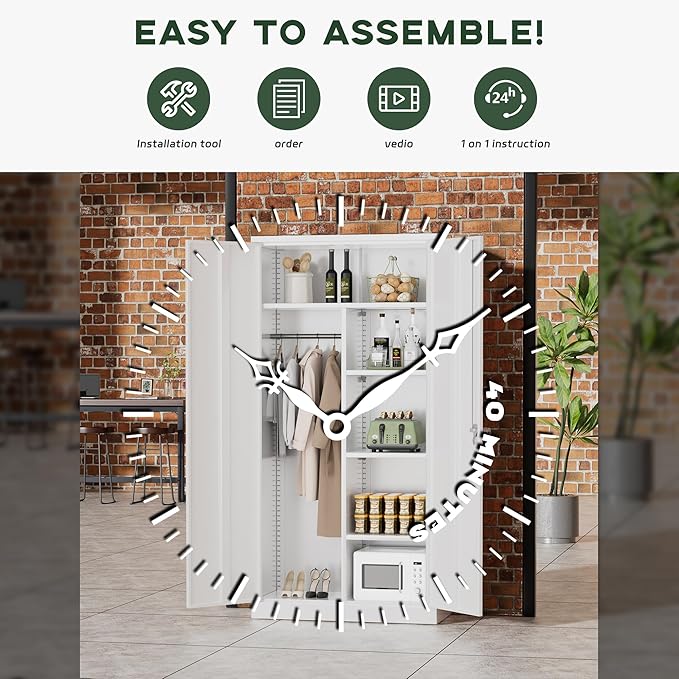 Greenvelly Metal Wardrobe Cabinet with Locking Doors, 72" H x 36" W White Metal Wardrobe Closet Cabinet with Hanging Rods and Adjustable Shelves, Steel Storage Closet for Home, Office, Employee, Gym