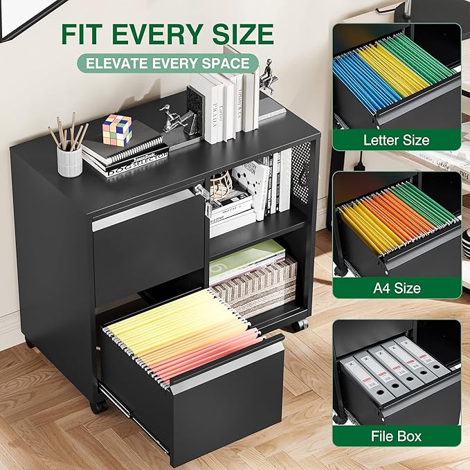 Mobile Lateral File Cabinet,2 Drawer Filing Cabinet with Lock fits A4/F4 or Letter Size for Home Office,Metal Rolling Printer Stand with Open Storage Adjustable Shelves(Black)
