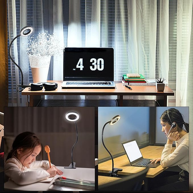 Desk Clip on Lamp for Reading Home Office, with 5V 2A Adapter, 10 Dimmable Brightness 3 Modes, Clamp Reading Light for Bed Headboard, Craft (2packs, Black)…