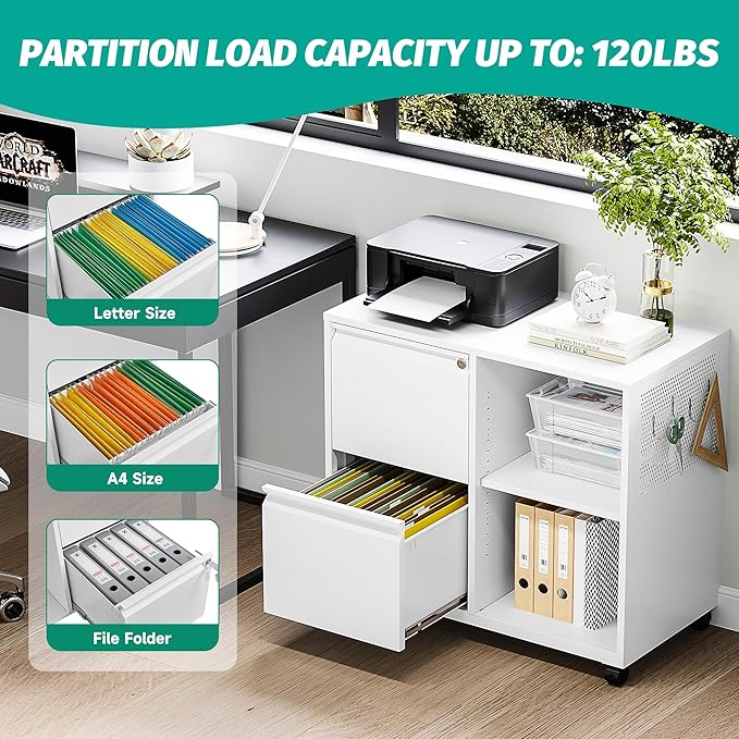 SISESOL 2 Drawer File Cabinet with Lock and Shelf,Mobile Lateral Filing Cabinet,Metal File Organizer Cabinet with Open Storage Shelves for Home Office Fit Legal/Letter A4 Size