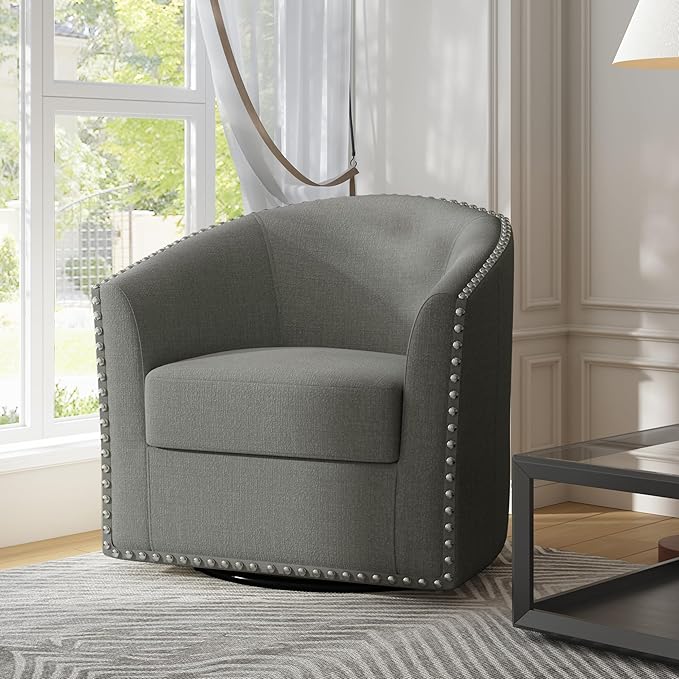 UIXE 360° Swivel Barrel Accent Chair, Modern Upholstered Arm Chair Round Club Armchair, Nailhead Trim Single Sofa Seating in Fabric for Living Room - Light Gray