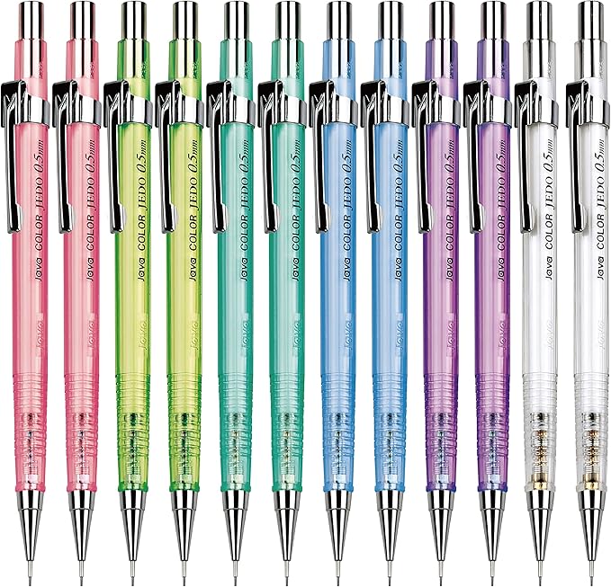 JVPEN Transparent Mechanical Pencils β 0.5β―mm Drafting Pencils, Assorted Clear Colors β Smooth Writing, Non-Slip Grip, Built-in Eraser β Ideal for School, Office & Technical Drawing β 12-Pack