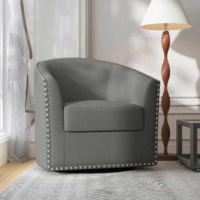 UIXE 360° Swivel Barrel Accent Chair, Modern Upholstered Arm Chair Round Club Armchair, Nailhead Trim Single Sofa Seating in Fabric for Living Room - Light Gray