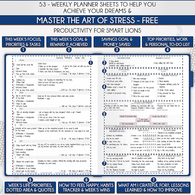 Life Planner - Undated Daily, Weekly & Monthly Planner with Budget Section | A 12 Month Journey to Increase Productivity & Happiness | Life Organizer & Gratitude Journal - Horizontal Format