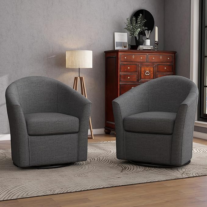 UIXE 360° Swivel Barrel Accent Chairs Set of 2, Modern Round Arm Chair Upholstered Club Armchair, Single Sofa Seating in Fabric for Living Room, Bedroom (Dark Grey)