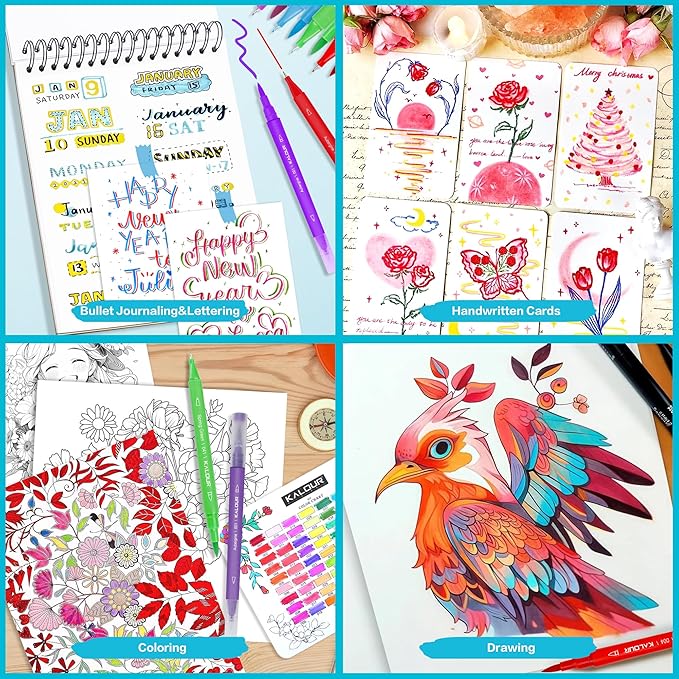 KALOUR 72 Art Markers Pens Set, Dual Tip Brush and Fine Point, Color Number and Name, Zipper Case, Adult Coloring, Lettering, Drawing