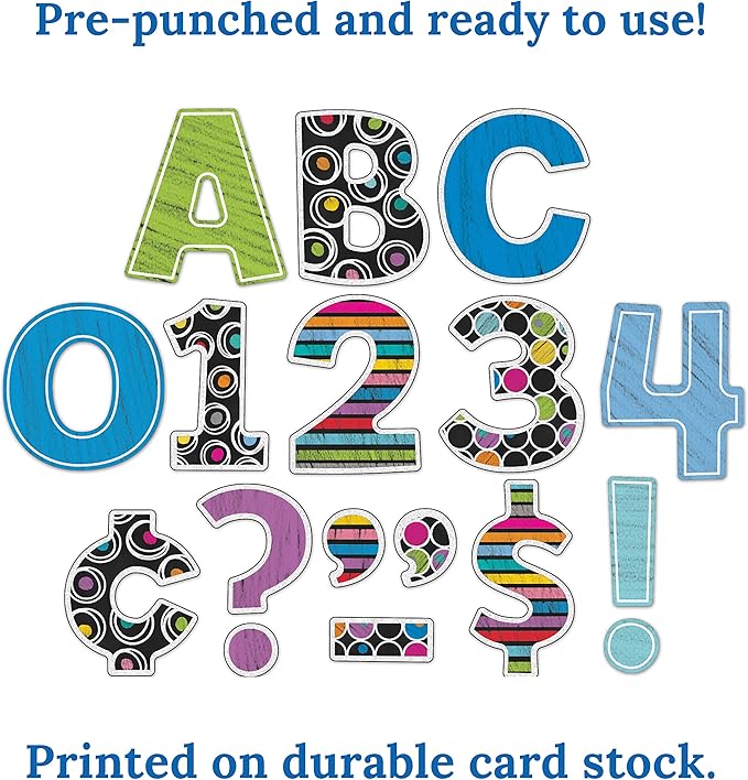 Carson Dellosa 219-Piece 4 Inch Colorful Chalkboard Cutout Letters for Bulletin Boards, Numbers, Punctuation & Symbols, Multi-Pattern Bulletin Board Letters, Classroom Letters for Bulletin Board