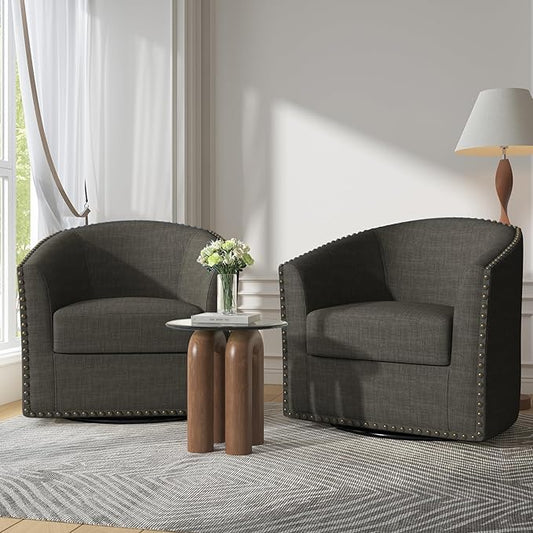 UIXE 360° Swivel Barrel Accent Chair Set of 2, Modern Upholstered Arm Chair Round Club Armchair, Nailhead Trim Single Sofa Seating in Fabric for Living Room - Gray