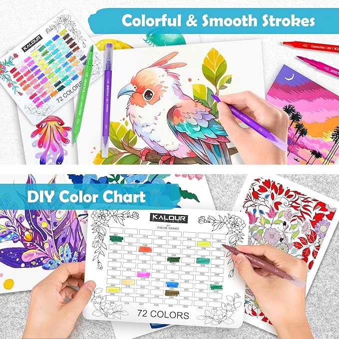 KALOUR 72 Art Markers Pens Set, Dual Tip Brush and Fine Point, Color Number and Name, Zipper Case, Adult Coloring, Lettering, Drawing