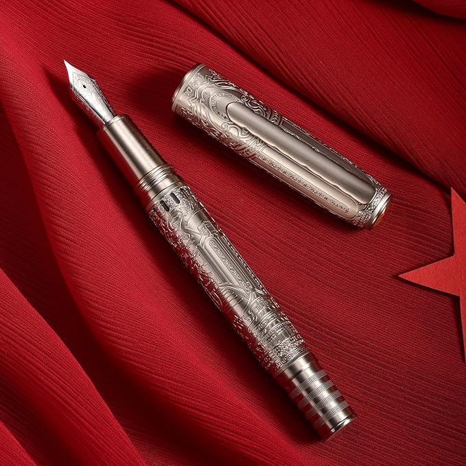 Hongdian 100 Silver Steel Piston Fountain Pen, Iridium Long Blade Fine Nib Calligraphy, Smooth Writing Pens, Nice Writing Pen for Men & Women