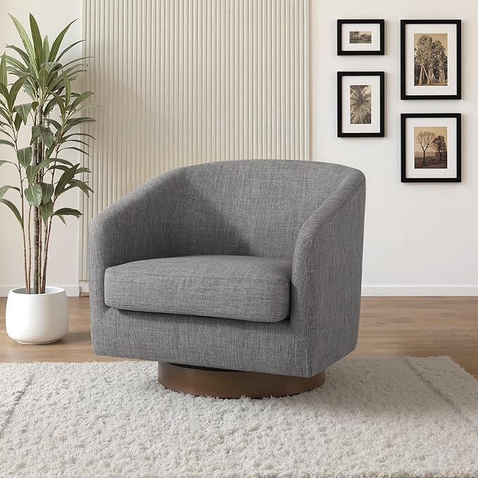 UIXE Swivel Accent Chair with Wood Base, Fabric Upholstered Barrel Chairs for Living Room, Comfy Round Armchair Single Sofa Bedroom Reading Seat - 31" W, Gray