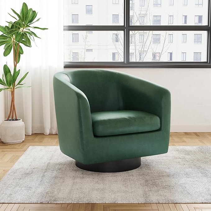 UIXE Faux Leather Swivel Accent Chair with Wood Base, Modern Upholstered Barrel Chairs for Living Room, Comfy Round Armchair Single Sofa Bedroom Reading Seat - 31" W, Green
