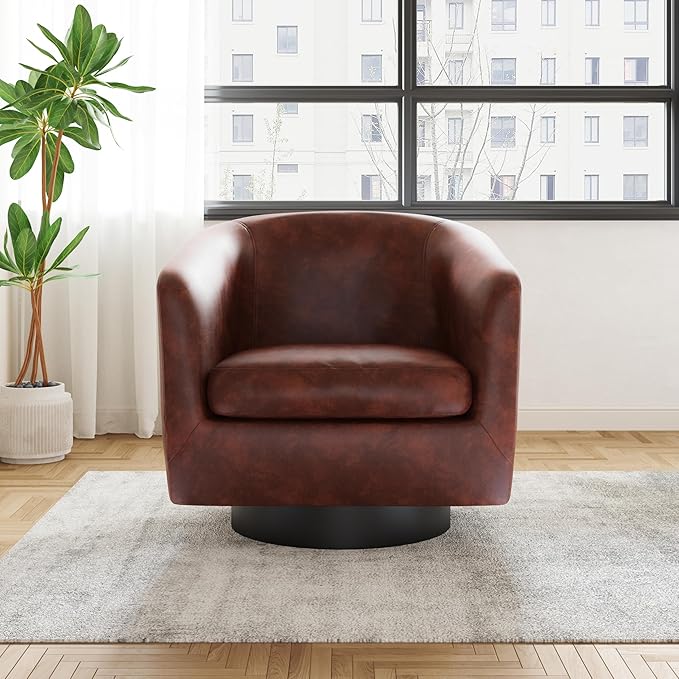UIXE Faux Leather Swivel Accent Chair with Wood Base, Modern Upholstered Barrel Chairs for Living Room, Comfy Round Armchair Single Sofa Bedroom Reading Seat - 31" W, Red Brown