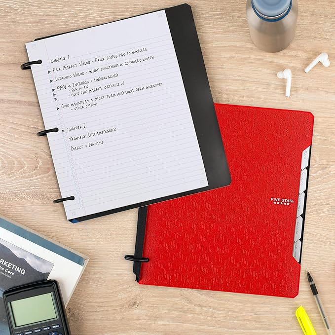 Five Star Flex Refillable Notebook + Study App, College Ruled Paper and 1 Inch TechLock Ring Binder with Pockets, Tabs and Dividers, 200 Sheet Capacity, Fire Red (29328AB2)