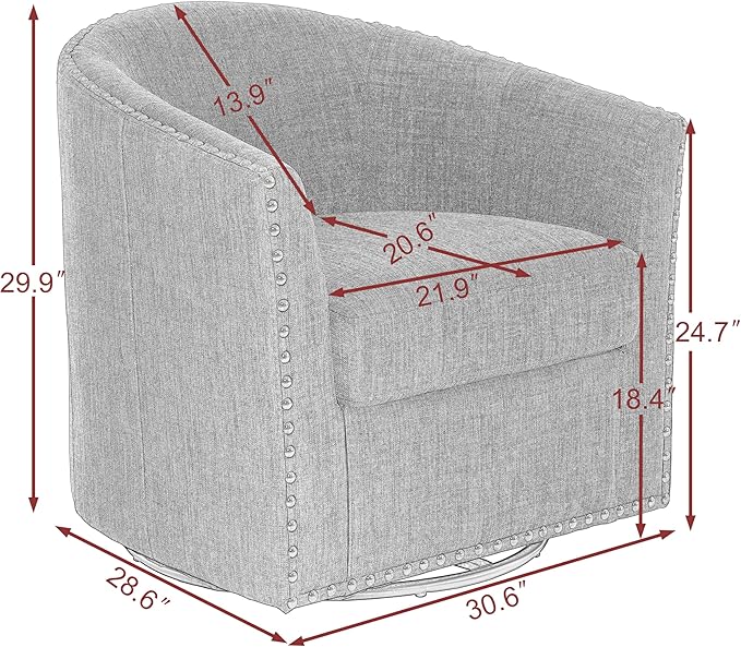 UIXE 360° Swivel Barrel Accent Chair, Modern Upholstered Arm Chair Round Club Armchair, Nailhead Trim Single Sofa Seating in Fabric for Living Room - White