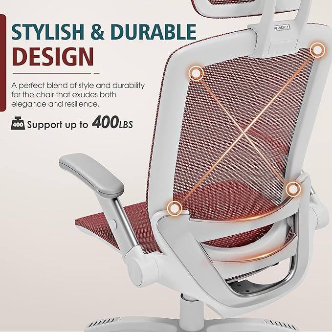 GABRYLLY Ergonomic Office Chair, High Back Home Desk Chair with Headrest, Flip-Up Arms, 90-120° Tilt Lock and Wide Cushion, 400LBS Mesh Chairs for Man Woman, White Task Chair(Red,GY01WR)