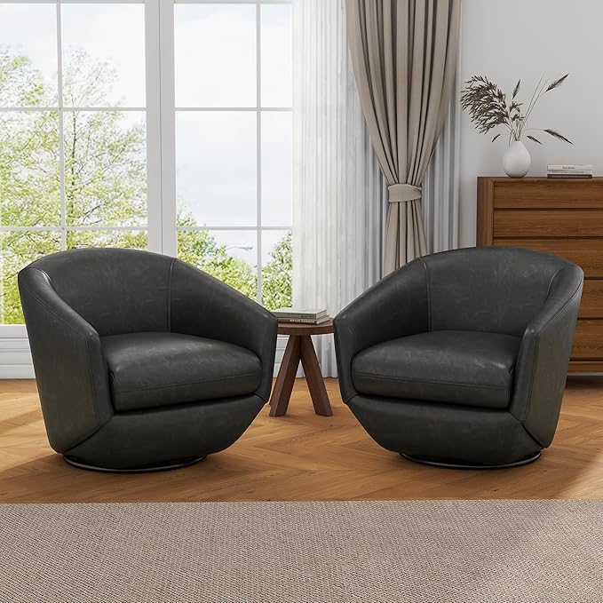 UIXE Faux Leather Swivel Accent Chairs Set of 2, Barrel Chair Upholstered Club Armchair for Living Room, Comfy Single Sofa Bedroom Side Reading Seat - Black