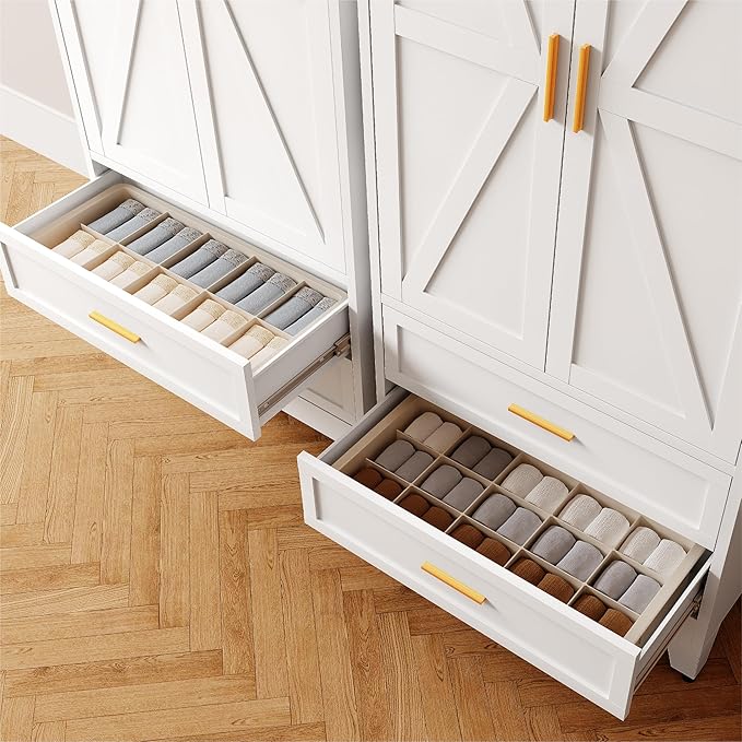 71'' Farmhouse Metal Wardrobe Cabinet with Hanging Rod, 2 Barn Door Wardrobe Closet with Adjustable Shelves,2 Drawer,for Dining Room,Bedroom,Living Room, Cloak Room,Office (White)