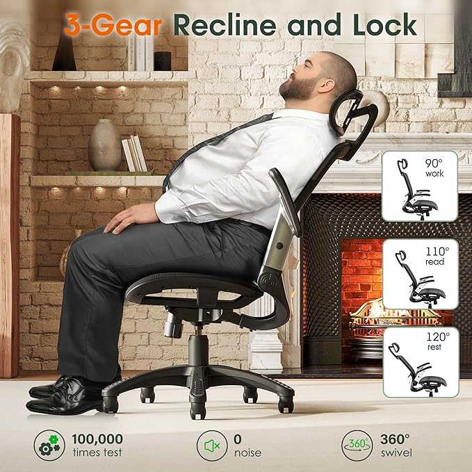 GABRYLLY Ergonomic Office Chair, High Back Home Desk Chair with Headrest, Flip-Up Arms, 90-120° Tilt Lock and Wide Cushion, Big and Tall Mesh Chairs for Man Woman, Black Task Chair