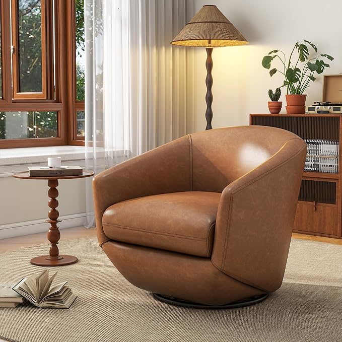 UIXE 360° Swivel Barrel Accent Chair, PU Leather Upholstered Club Armchair for Living Room, Modern Round Arm Chair Single Sofa Bedroom Reading Seating (Brown)