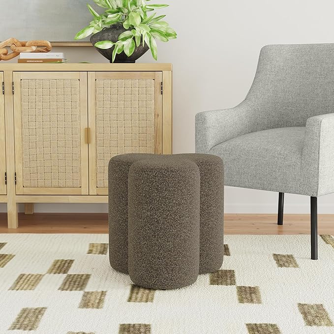 HomePop Upholstered Clover Shaped Ottoman Home Décor|Foot Rest Ottoman - Dark Brown Boucle