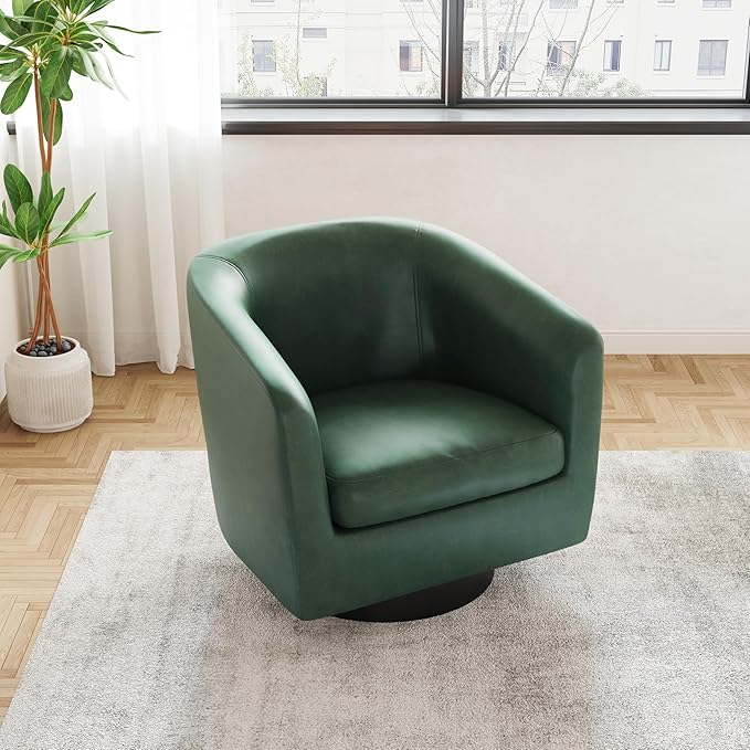 UIXE Faux Leather Swivel Accent Chair with Wood Base, Modern Upholstered Barrel Chairs for Living Room, Comfy Round Armchair Single Sofa Bedroom Reading Seat - 31" W, Green