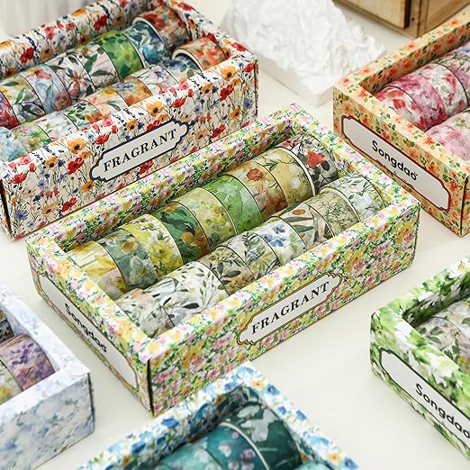 18 Rolls Blossom Washi Tape Set Floral Arts Adhesive Tapes Flowers Garden Decorative Masking Tape Sets for Craft, Kids, Scrapbook, DIY, Gift Wrapping (Golden Harvest)