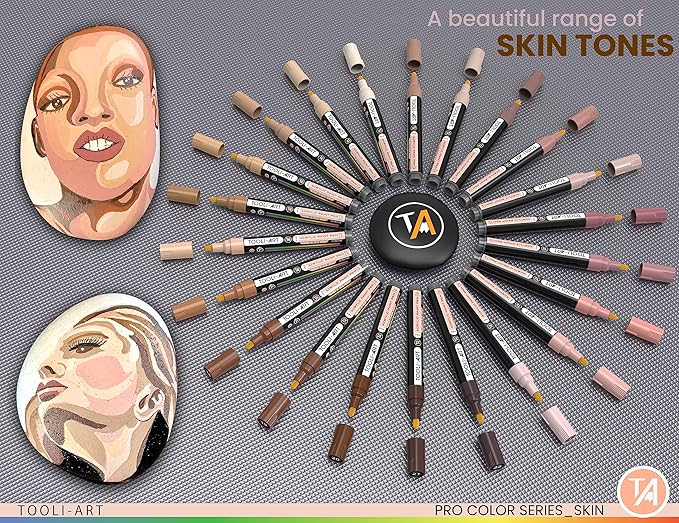 TOOLI-ART 22 Acrylic Paint Markers Paint Pens Pro Color Series Set 3mm Medium Tip for Rock Painting, Glass, Mugs, Wood, Metal, Glass Paint, Canvas, DIY. Non Toxic, Waterbased, Quick Drying (SKIN)