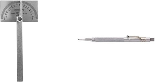 General Tools Angle Protractor #17 Stainless Steel Square Head + General Tools 88CM Tungsten Carbide Scribe and Magnet, Copper, Replaceable Tip