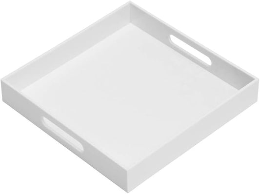 Glossy White Sturdy Acrylic Serving Tray with Handles-12x12Inch-Serving Coffee,Appetizer,Breakfast,Butler-Kitchen Countertop -Cosmetics Organizer-Vanity Table Tray-Ottoman Tray-Decorative