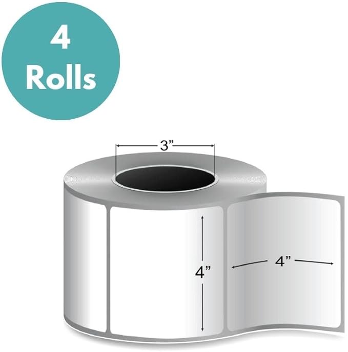 PSBM Thermal Transfer Labels, 4x4 Inch, 4 Rolls, 1475 Labels/Roll, 3 Inch Core, Perforated, Must Have Thermal Ribbon (Not Included)