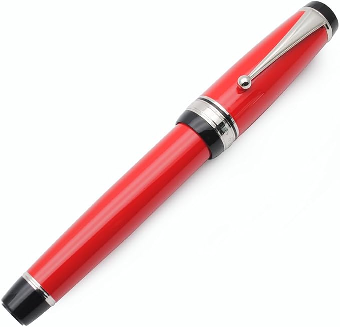 Metal Big Fountain Pen Set Medium Nib 0.7mm, Includes Ink Refill Converter, 5 Ink Cartridges & Gift Box (Medium Nib 0.7mm, Red with Silvery Clip)